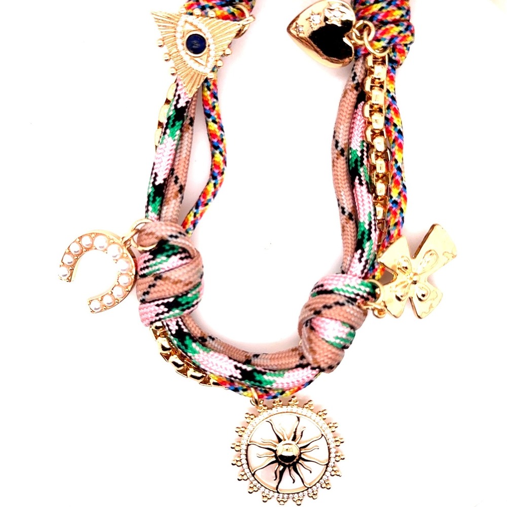 Boho Multi Strand Cord Charm Necklace Gold Tone Sun Moon Evil Eye Cross 17-20in